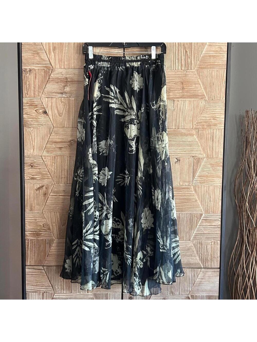 NWT Afibi Women's Black Chiffon Floral Elastic Waist Maxi Skirt - Size L